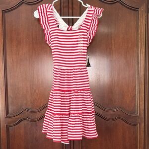 RALPH LAUREN Red and White Striped Ruffle Dress Tiered Preppy Summer 12-14 NWT